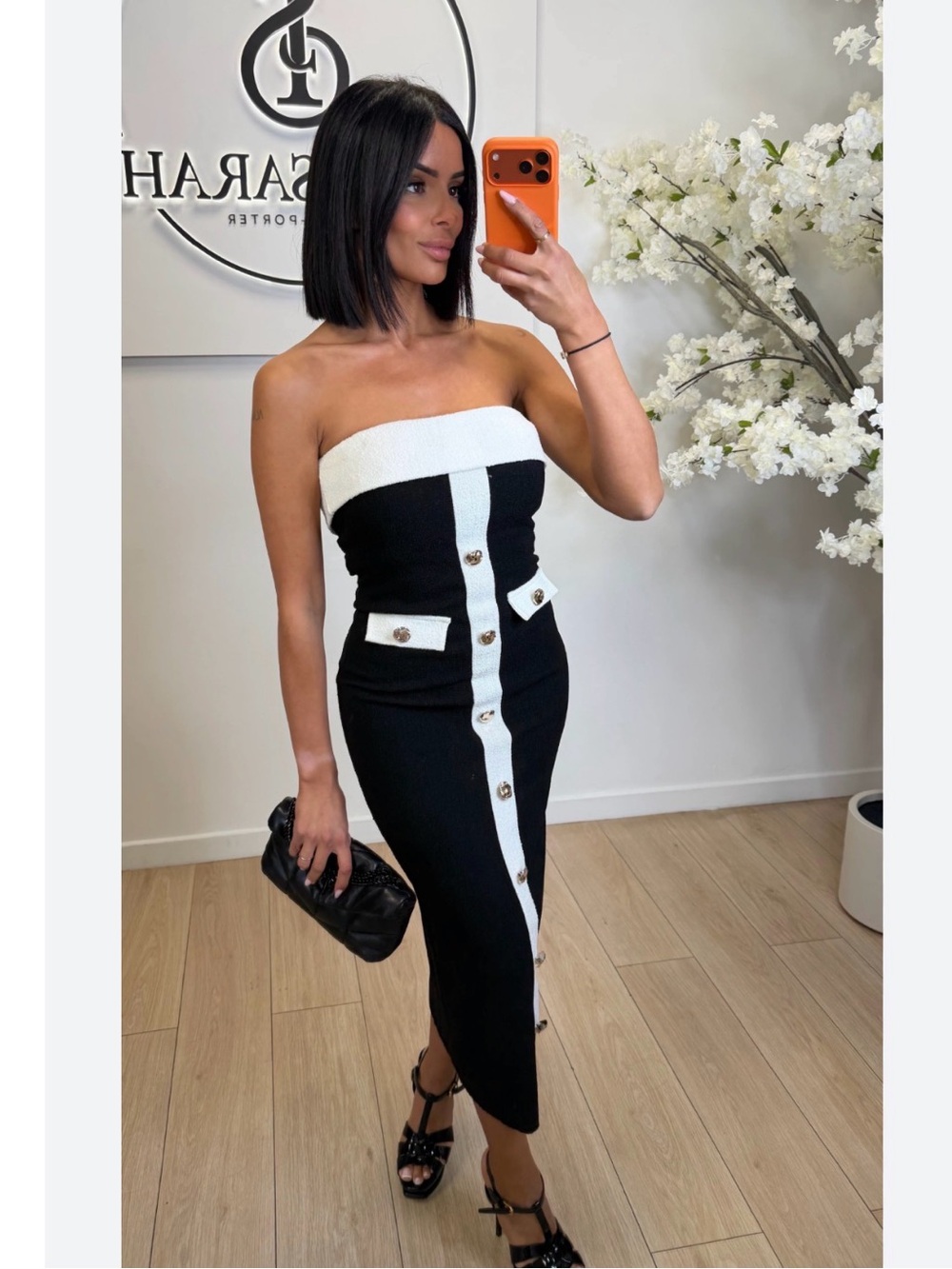 ZARA Strapless stretchy sculpt bandeau dress with gold button detail - Picture 13 of 13